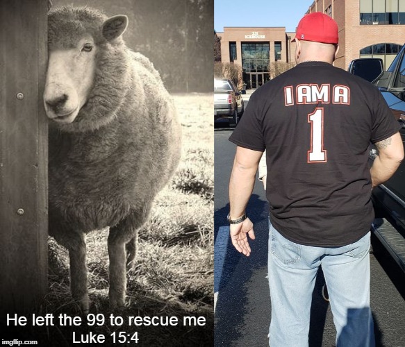 ...there will be more joy in heaven over one sinner who repents than over ninety-nine just persons who need no repentance. | He left the 99 to rescue me; Luke 15:4 | image tagged in savior,pastor,shepherd,jesus christ,t-shirt,black sheep | made w/ Imgflip meme maker