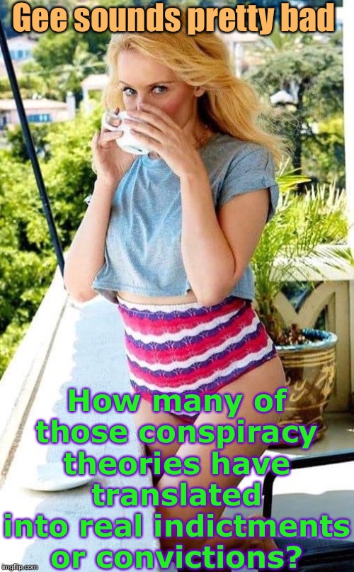Probably the simplest response to a conspiracy theorist is to point out that the shit they talk about was never prosecuted. | Gee sounds pretty bad; How many of those conspiracy theories have translated into real indictments or convictions? | image tagged in kylie coffee swimsuit,conspiracy theories,conspiracy theory,right wing,joe biden,hillary clinton | made w/ Imgflip meme maker