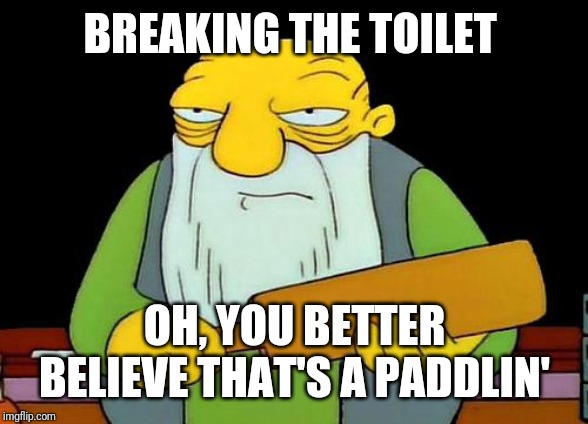 That's a paddlin' | BREAKING THE TOILET; OH, YOU BETTER BELIEVE THAT'S A PADDLIN' | image tagged in memes,that's a paddlin' | made w/ Imgflip meme maker
