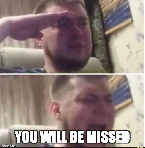 Crying salute | YOU WILL BE MISSED | image tagged in crying salute | made w/ Imgflip meme maker