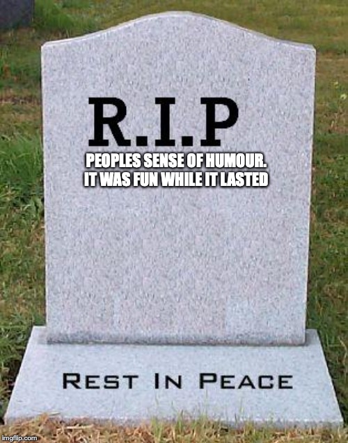 RIP headstone |  PEOPLES SENSE OF HUMOUR. IT WAS FUN WHILE IT LASTED | image tagged in rip headstone | made w/ Imgflip meme maker