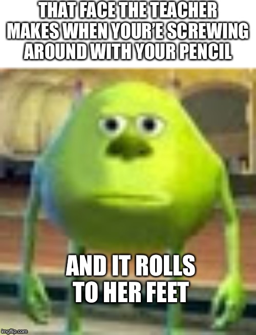 Oh snap. | THAT FACE THE TEACHER MAKES WHEN YOUR’E SCREWING AROUND WITH YOUR PENCIL; AND IT ROLLS TO HER FEET | image tagged in sully wazowski | made w/ Imgflip meme maker
