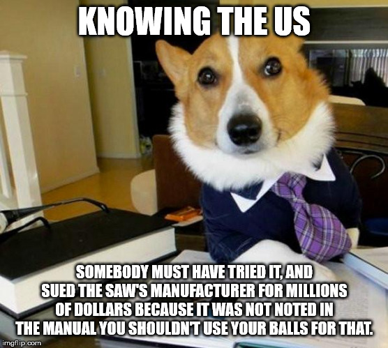 Lawyer Corgi Dog | KNOWING THE US SOMEBODY MUST HAVE TRIED IT, AND SUED THE SAW'S MANUFACTURER FOR MILLIONS OF DOLLARS BECAUSE IT WAS NOT NOTED IN THE MANUAL Y | image tagged in lawyer corgi dog | made w/ Imgflip meme maker