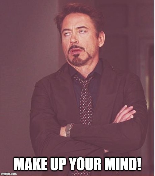 Face You Make Robert Downey Jr Meme | MAKE UP YOUR MIND! | image tagged in memes,face you make robert downey jr | made w/ Imgflip meme maker