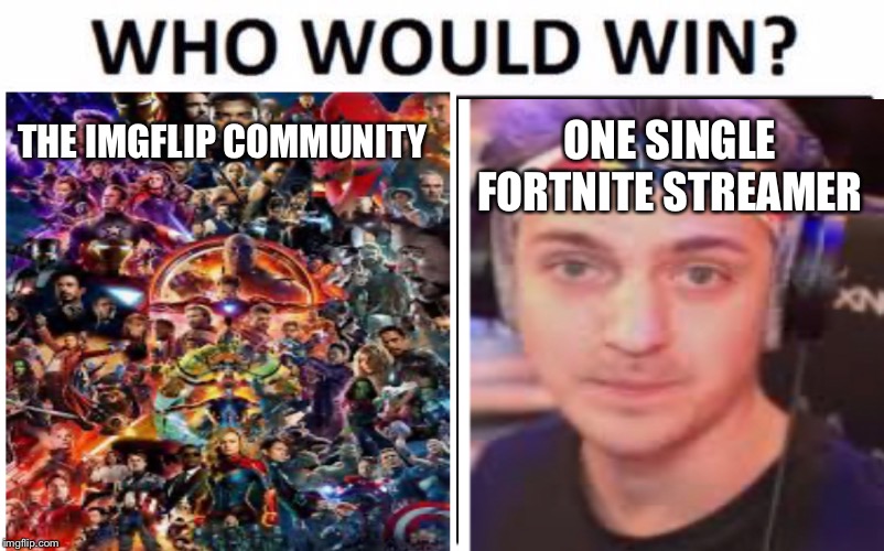 THE IMGFLIP COMMUNITY; ONE SINGLE FORTNITE STREAMER | image tagged in avengers,imgflip,fortnite,who would win | made w/ Imgflip meme maker