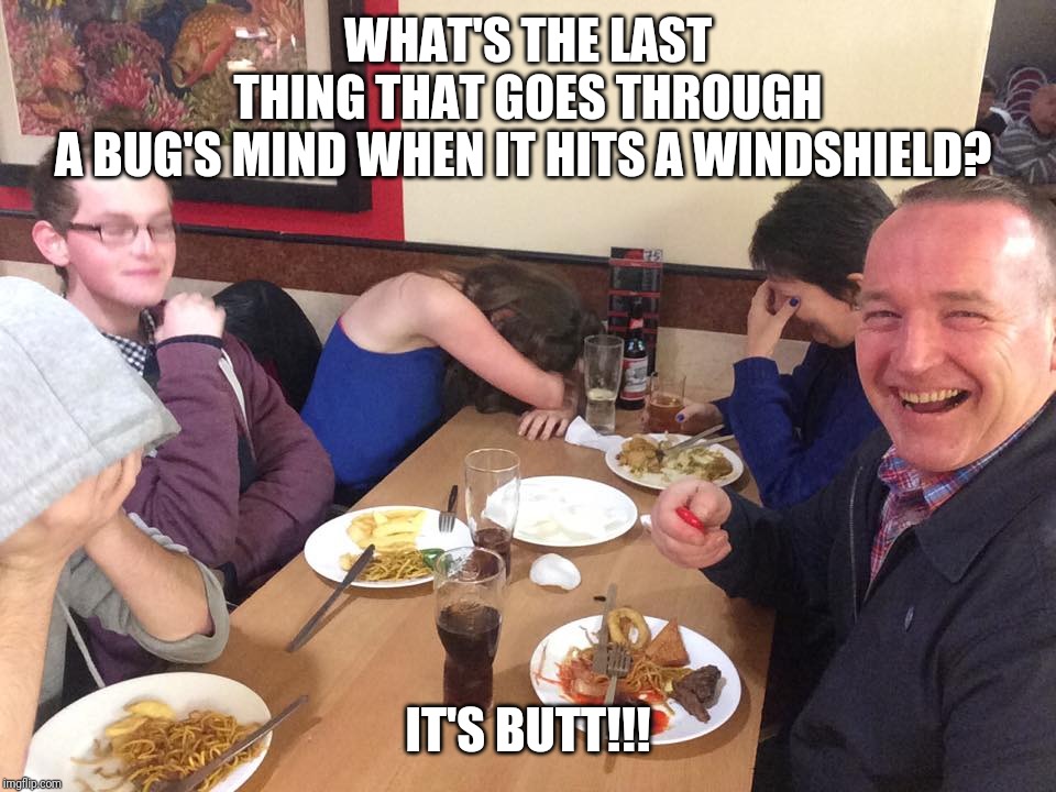 Dad Joke Meme | WHAT'S THE LAST THING THAT GOES THROUGH A BUG'S MIND WHEN IT HITS A WINDSHIELD? IT'S BUTT!!! | image tagged in dad joke meme | made w/ Imgflip meme maker