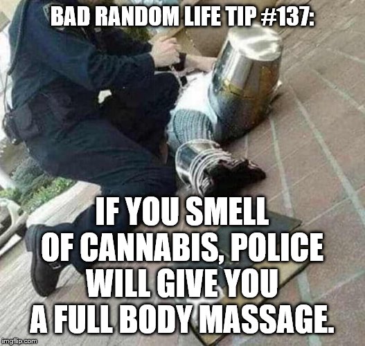 Arrested crusader reaching for book | BAD RANDOM LIFE TIP #137:; IF YOU SMELL OF CANNABIS, POLICE WILL GIVE YOU A FULL BODY MASSAGE. | image tagged in arrested crusader reaching for book | made w/ Imgflip meme maker