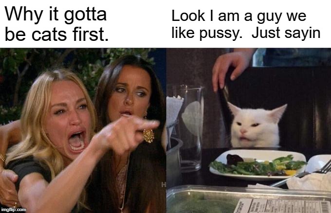 Woman Yelling At Cat Meme | Why it gotta be cats first. Look I am a guy we like pussy.  Just sayin | image tagged in memes,woman yelling at cat | made w/ Imgflip meme maker