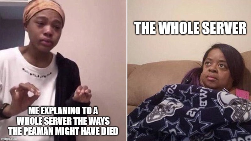 Me explaining to my mom | THE WHOLE SERVER; ME EXPLANING TO A WHOLE SERVER THE WAYS THE PEAMAN MIGHT HAVE DIED | image tagged in me explaining to my mom | made w/ Imgflip meme maker
