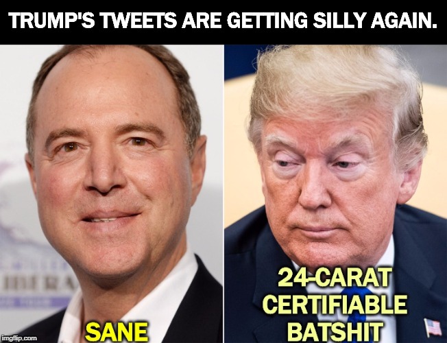 TRUMP'S TWEETS ARE GETTING SILLY AGAIN. | image tagged in trump,insane,adam schiff,okay | made w/ Imgflip meme maker