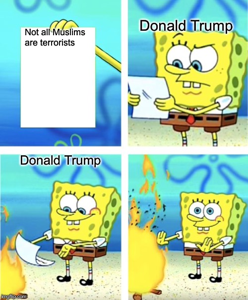 Spongebob Burning Paper | Donald Trump; Not all Muslims are terrorists; Donald Trump | image tagged in spongebob burning paper | made w/ Imgflip meme maker