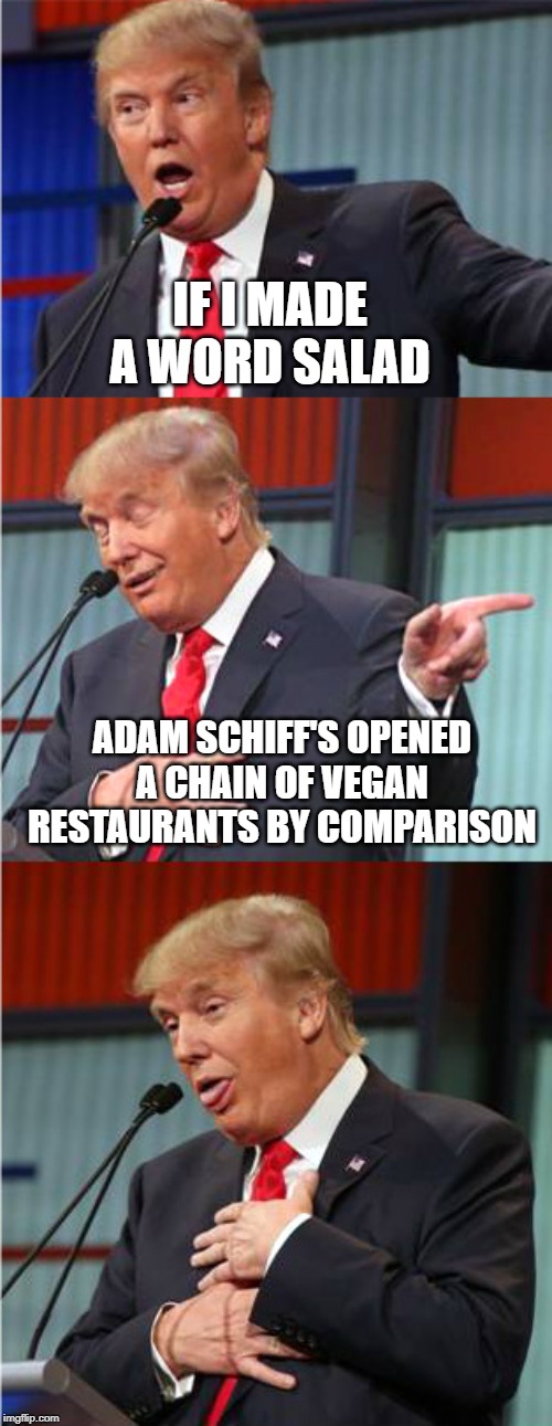 Bad Pun Trump | IF I MADE A WORD SALAD ADAM SCHIFF'S OPENED A CHAIN OF VEGAN RESTAURANTS BY COMPARISON | image tagged in bad pun trump | made w/ Imgflip meme maker