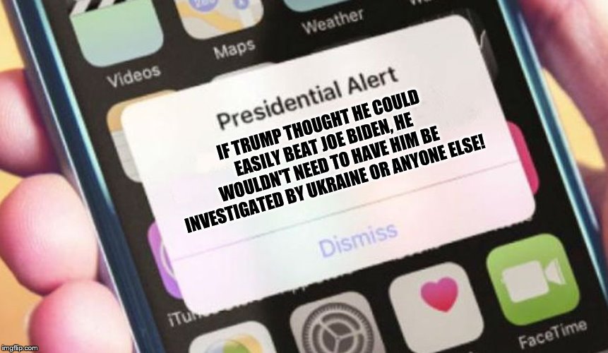 Presidential Alert | IF TRUMP THOUGHT HE COULD EASILY BEAT JOE BIDEN, HE WOULDN'T NEED TO HAVE HIM BE INVESTIGATED BY UKRAINE OR ANYONE ELSE! | image tagged in memes,presidential alert | made w/ Imgflip meme maker