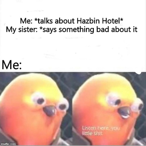 Listen here ya little- | Me: *talks about Hazbin Hotel*

My sister: *says something bad about it; Me: | image tagged in listen here you little shit bird,hazbin hotel,sister | made w/ Imgflip meme maker