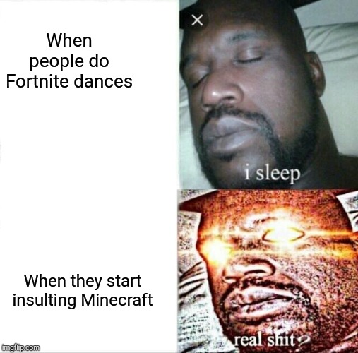Sleeping Shaq | When people do Fortnite dances; When they start insulting Minecraft | image tagged in memes,sleeping shaq | made w/ Imgflip meme maker