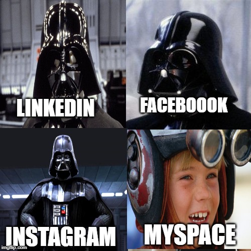 Dolly Parton Darth Vader | FACEBOOOK; LINKEDIN; MYSPACE; INSTAGRAM | image tagged in darth vader,social media | made w/ Imgflip meme maker