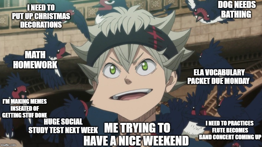 I NEED TO PUT UP CHRISTMAS DECORATIONS; DOG NEEDS
BATHING; MATH
HOMEWORK; ELA VOCABULARY
PACKET DUE MONDAY; I'M MAKING MEMES
INSEATED OF GETTING STUF DONE; HUGE SOCIAL
STUDY TEST NEXT WEEK; I NEED TO PRACTICES 
FLUTE BECOMES BAND CONCERT COMING UP; ME TRYING TO HAVE A NICE WEEKEND | image tagged in anime memes,hey can i copy your homework,please kill me,help | made w/ Imgflip meme maker