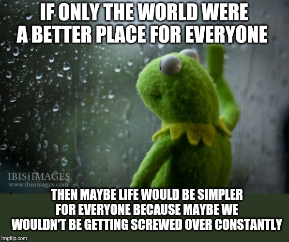 kermit window | IF ONLY THE WORLD WERE A BETTER PLACE FOR EVERYONE; THEN MAYBE LIFE WOULD BE SIMPLER FOR EVERYONE BECAUSE MAYBE WE WOULDN'T BE GETTING SCREWED OVER CONSTANTLY | image tagged in kermit window,memes | made w/ Imgflip meme maker