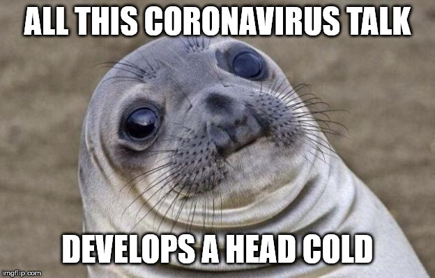 Awkward Seal | ALL THIS CORONAVIRUS TALK; DEVELOPS A HEAD COLD | image tagged in awkward seal,AdviceAnimals | made w/ Imgflip meme maker