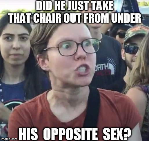 DID HE JUST TAKE THAT CHAIR OUT FROM UNDER HIS  OPPOSITE  SEX? | made w/ Imgflip meme maker