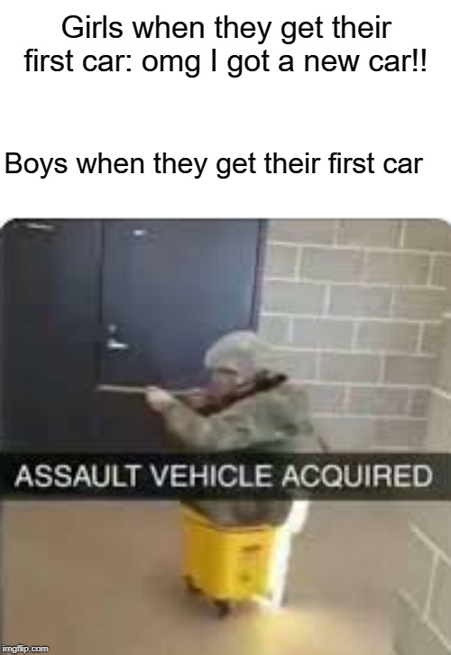 Girls vs boys meme | Girls when they get their first car: omg I got a new car!! Boys when they get their first car | image tagged in funny,memes,cars,girls,boys | made w/ Imgflip meme maker