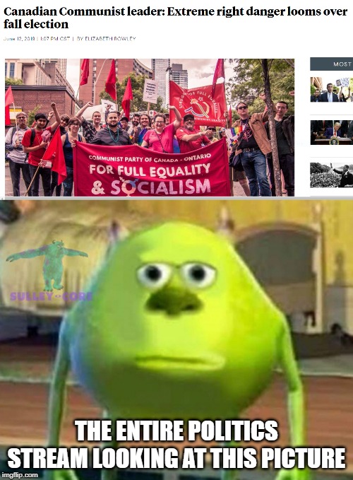 Politics stream | THE ENTIRE POLITICS STREAM LOOKING AT THIS PICTURE | image tagged in monsters inc,politics,funny,memes,communist socialist,socialism | made w/ Imgflip meme maker