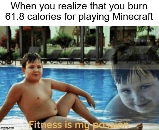 I searched it up, it's true | When you realize that you burn 61.8 calories for playing Minecraft | image tagged in fitness is my passion,funny,memes,minecraft,calories | made w/ Imgflip meme maker