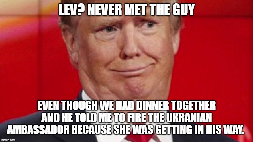 Never Met the guy. Again. | LEV? NEVER MET THE GUY; EVEN THOUGH WE HAD DINNER TOGETHER AND HE TOLD ME TO FIRE THE UKRANIAN AMBASSADOR BECAUSE SHE WAS GETTING IN HIS WAY. | image tagged in donald trump is an idiot,impeach trump | made w/ Imgflip meme maker