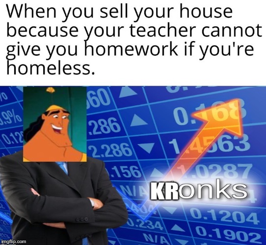Kronks or stonks? | image tagged in stonks,homework,school,homeless | made w/ Imgflip meme maker