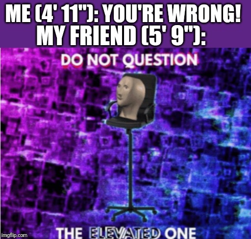 Do not question the elevated one | ME (4' 11"): YOU'RE WRONG! MY FRIEND (5' 9"): | image tagged in do not question the elevated one | made w/ Imgflip meme maker