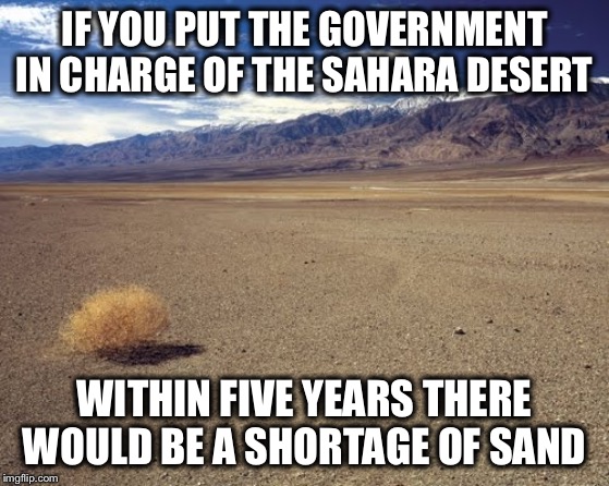 desert tumbleweed | IF YOU PUT THE GOVERNMENT IN CHARGE OF THE SAHARA DESERT WITHIN FIVE YEARS THERE WOULD BE A SHORTAGE OF SAND | image tagged in desert tumbleweed | made w/ Imgflip meme maker
