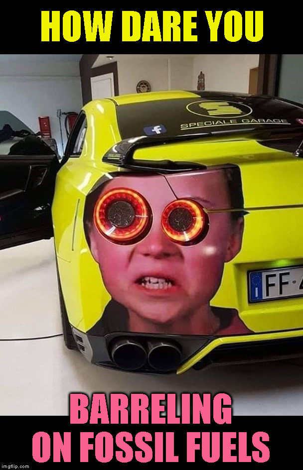 Roadster | HOW DARE YOU; BARRELING ON FOSSIL FUELS | image tagged in memes,greta thunberg,fossil fuel,how dare you | made w/ Imgflip meme maker