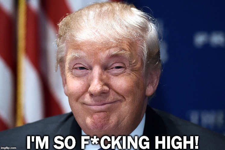 Ask Noel Casler. | I'M SO F*CKING HIGH! | image tagged in trump smiles,trump,drugs,addict | made w/ Imgflip meme maker