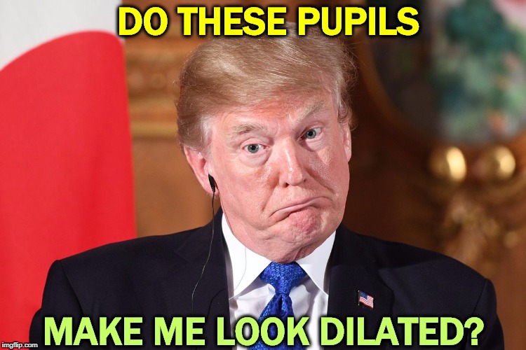 Ask Noel Casler. | DO THESE PUPILS; MAKE ME LOOK DILATED? | image tagged in trump dumbfounded corrected,trump,drugs,addict | made w/ Imgflip meme maker
