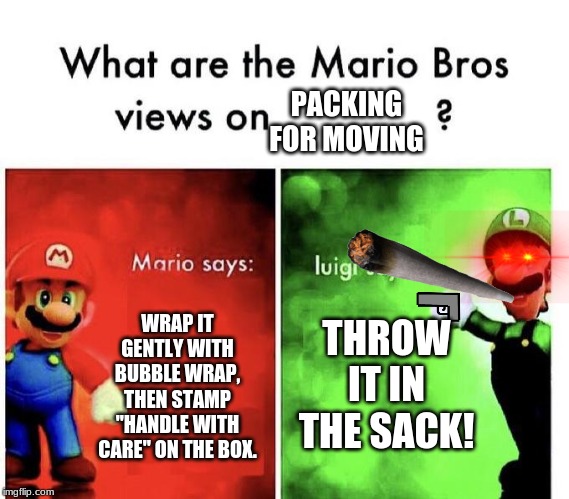 Mario Bros Views | PACKING FOR MOVING; THROW IT IN THE SACK! WRAP IT GENTLY WITH BUBBLE WRAP, THEN STAMP "HANDLE WITH CARE" ON THE BOX. | image tagged in mario bros views | made w/ Imgflip meme maker