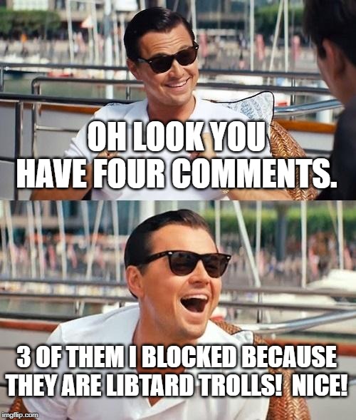 Leonardo Dicaprio Wolf Of Wall Street Meme | OH LOOK YOU HAVE FOUR COMMENTS. 3 OF THEM I BLOCKED BECAUSE THEY ARE LIBTARD TROLLS!  NICE! | image tagged in memes,leonardo dicaprio wolf of wall street | made w/ Imgflip meme maker