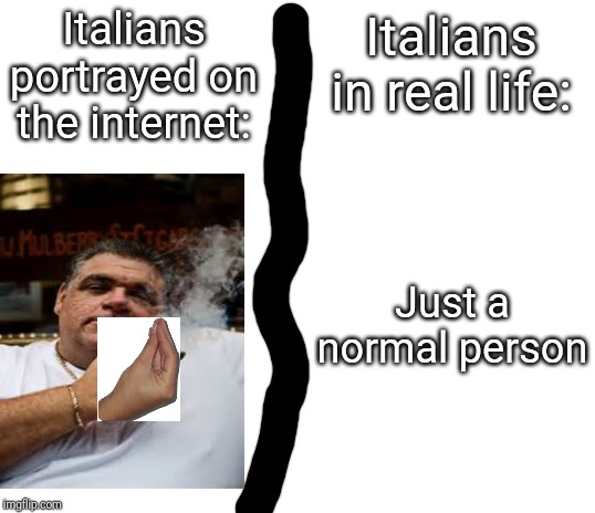 Checkmate Americans! | Italians portrayed on the internet:; Italians in real life:; Just a normal person | image tagged in blank white template,italian | made w/ Imgflip meme maker
