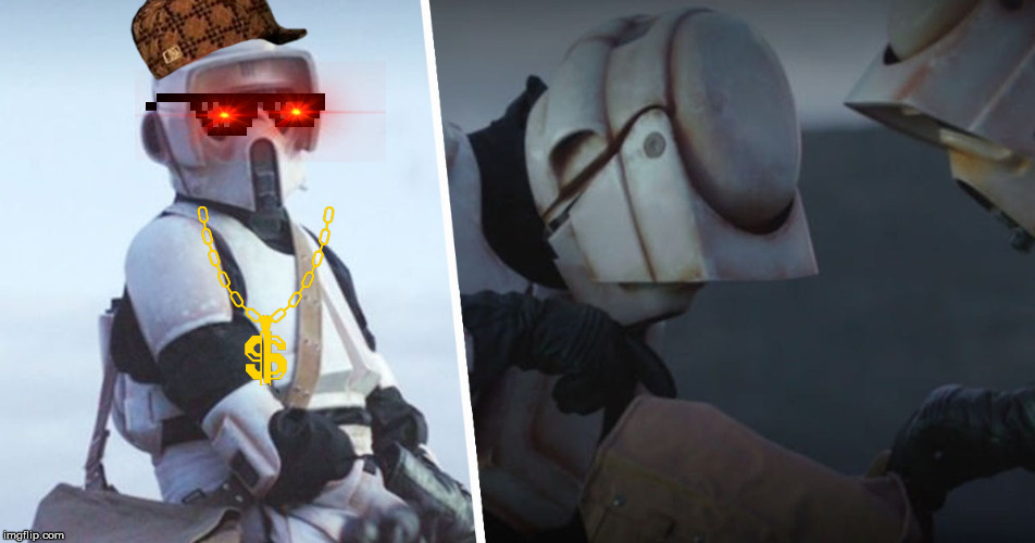 Scumbag Scout-Trooper | image tagged in mandalorian,scout trooper,baby yoda punch | made w/ Imgflip meme maker