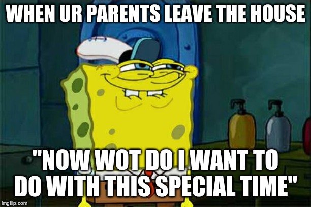 U can't deny it | WHEN UR PARENTS LEAVE THE HOUSE; "NOW WOT DO I WANT TO DO WITH THIS SPECIAL TIME" | image tagged in memes,dont you squidward | made w/ Imgflip meme maker