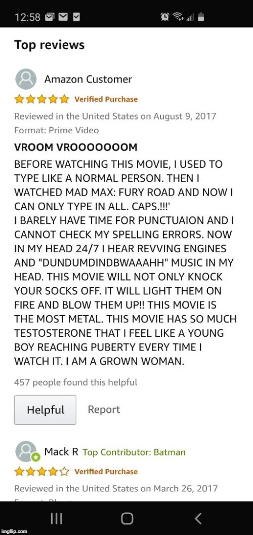 This is from an Amazon review of Mad Max: Fury Road .... talk about FURY! | image tagged in amazon,review,fury,crazy,funny memes | made w/ Imgflip meme maker