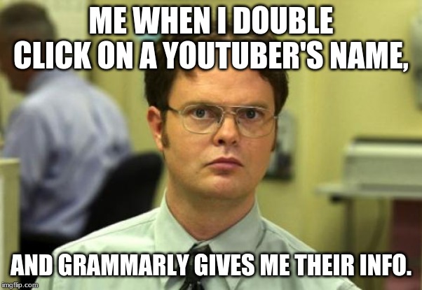 Dwight Schrute Meme | ME WHEN I DOUBLE CLICK ON A YOUTUBER'S NAME, AND GRAMMARLY GIVES ME THEIR INFO. | image tagged in memes,dwight schrute | made w/ Imgflip meme maker