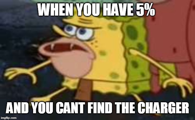 Spongegar | WHEN YOU HAVE 5%; AND YOU CANT FIND THE CHARGER | image tagged in memes,spongegar | made w/ Imgflip meme maker