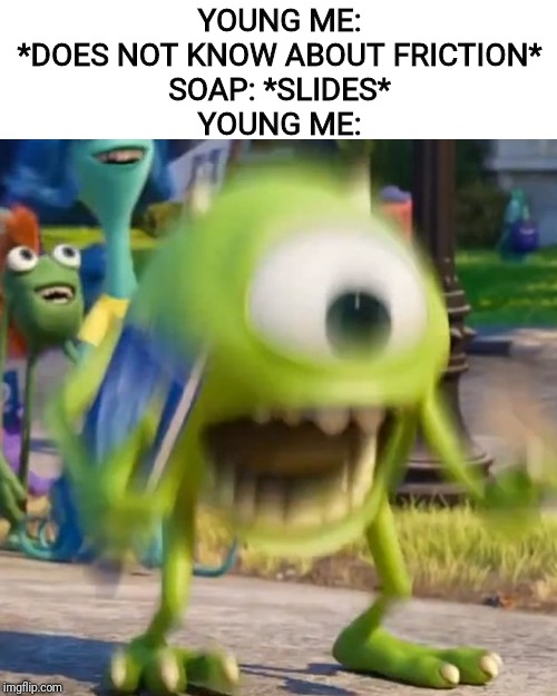 Mike wazowski | YOUNG ME: *DOES NOT KNOW ABOUT FRICTION*
SOAP: *SLIDES*
YOUNG ME: | image tagged in mike wazowski | made w/ Imgflip meme maker