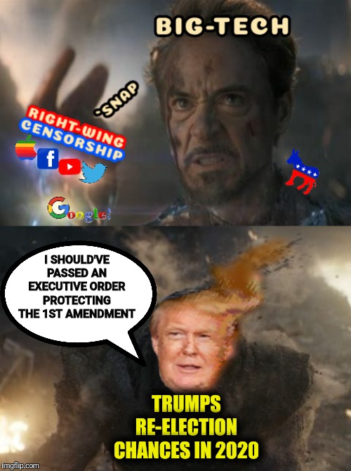 A chilling prediction of the future if Trump doesn't act to protect the people's freedom of speech... | I SHOULD'VE PASSED AN EXECUTIVE ORDER PROTECTING THE 1ST AMENDMENT; TRUMPS RE-ELECTION CHANCES IN 2020 | image tagged in big-tech snaps away trump,memes,political meme,censorship,1st amendment,trump | made w/ Imgflip meme maker