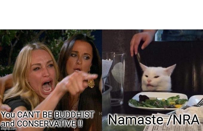 Woman Yelling At Cat Meme | You CAN'T BE BUDDHIST and CONSERVATIVE !! Namaste /NRA | image tagged in memes,woman yelling at cat | made w/ Imgflip meme maker