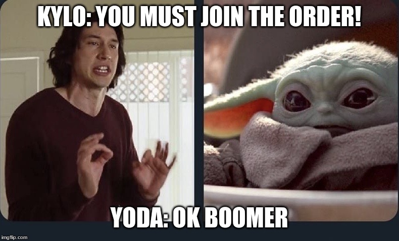 Kylo Ren Baby Yoda | KYLO: YOU MUST JOIN THE ORDER! YODA: OK BOOMER | image tagged in kylo ren baby yoda | made w/ Imgflip meme maker