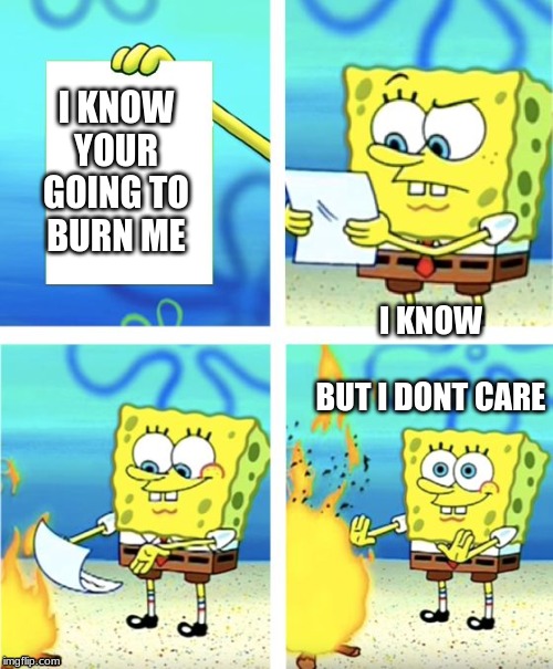 Spongebob Burning Paper | I KNOW YOUR GOING TO BURN ME; I KNOW 
 







BUT I DONT CARE | image tagged in spongebob burning paper | made w/ Imgflip meme maker