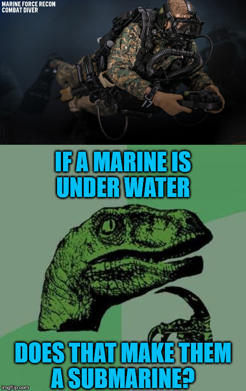 Philosoraptor | IF A MARINE IS
UNDER WATER; DOES THAT MAKE THEM
A SUBMARINE? | image tagged in memes,philosoraptor,marine corps jokes,submarine,the most interesting man in the world,roll safe think about it | made w/ Imgflip meme maker