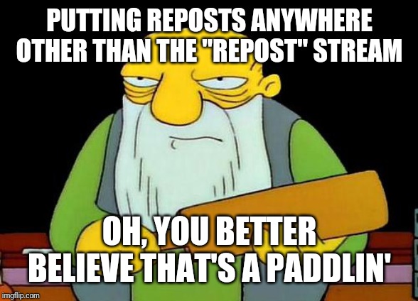 That's a paddlin' | PUTTING REPOSTS ANYWHERE OTHER THAN THE "REPOST" STREAM; OH, YOU BETTER BELIEVE THAT'S A PADDLIN' | image tagged in memes,that's a paddlin' | made w/ Imgflip meme maker