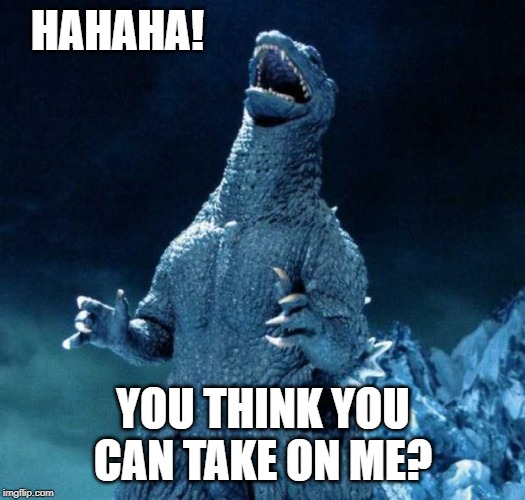 Laughing Godzilla | HAHAHA! YOU THINK YOU CAN TAKE ON ME? | image tagged in laughing godzilla | made w/ Imgflip meme maker